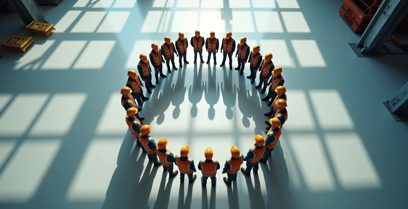 Vue aérienne d'un groupe de travailleurs en cercle autour d'un manuel de sécurité lors d'un briefing
