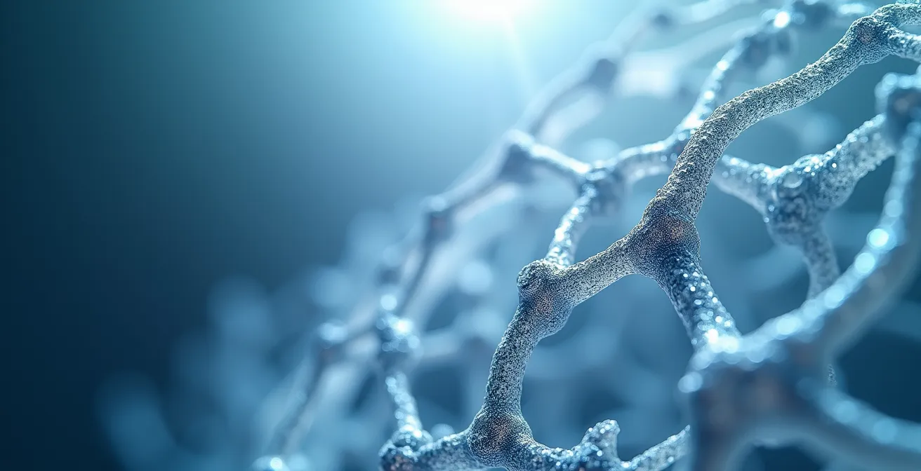 Détail macro d'une structure de neurones en réseau illustrant la complexité cognitive