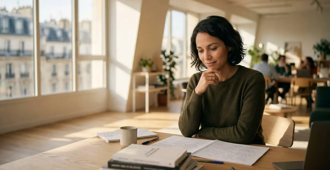 Professionnel en reconversion étudiant de nouvelles compétences dans un environnement de travail moderne