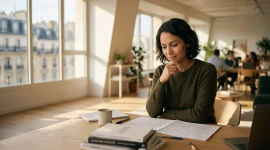 Professionnel en reconversion étudiant de nouvelles compétences dans un environnement de travail moderne