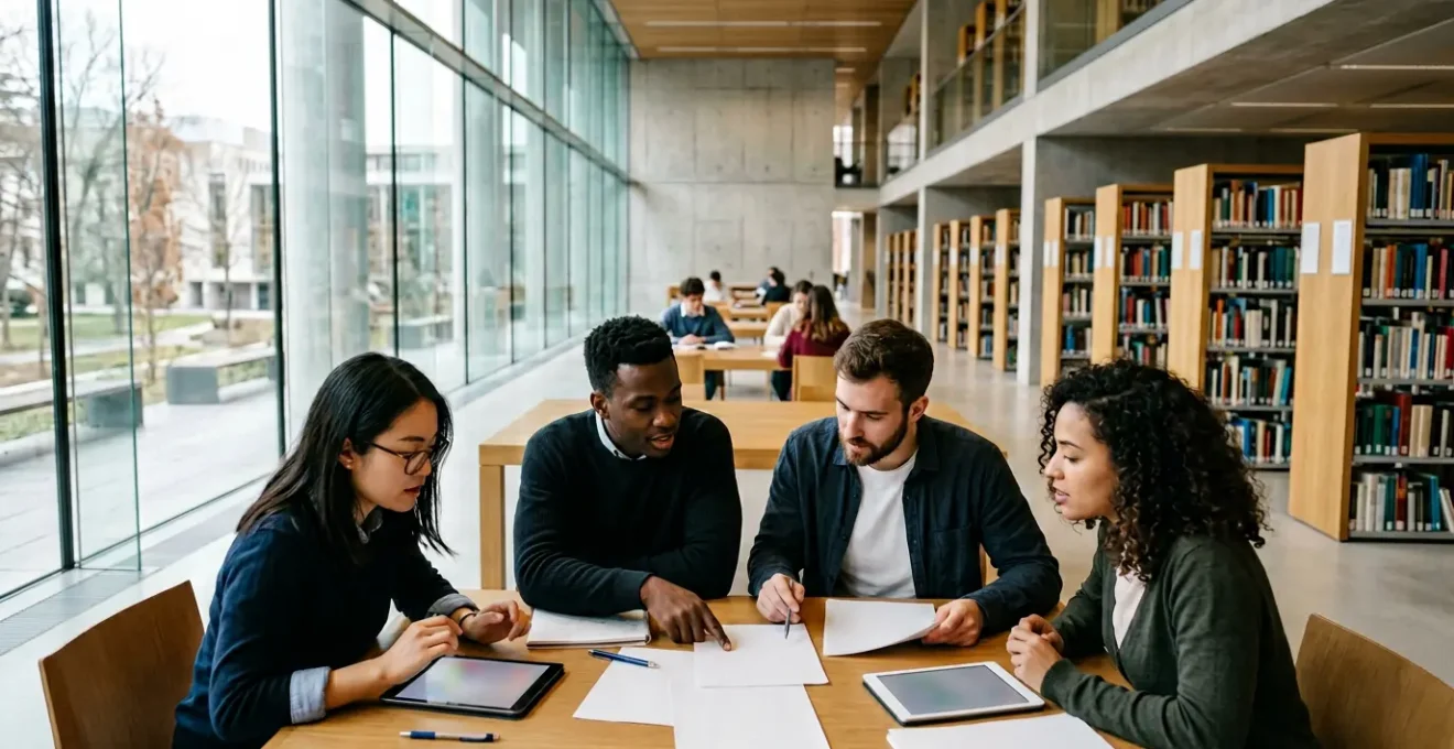 Étudiants analysant des données statistiques dans une bibliothèque moderne avec tableaux et graphiques
