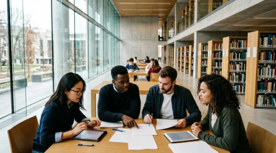 Étudiants analysant des données statistiques dans une bibliothèque moderne avec tableaux et graphiques
