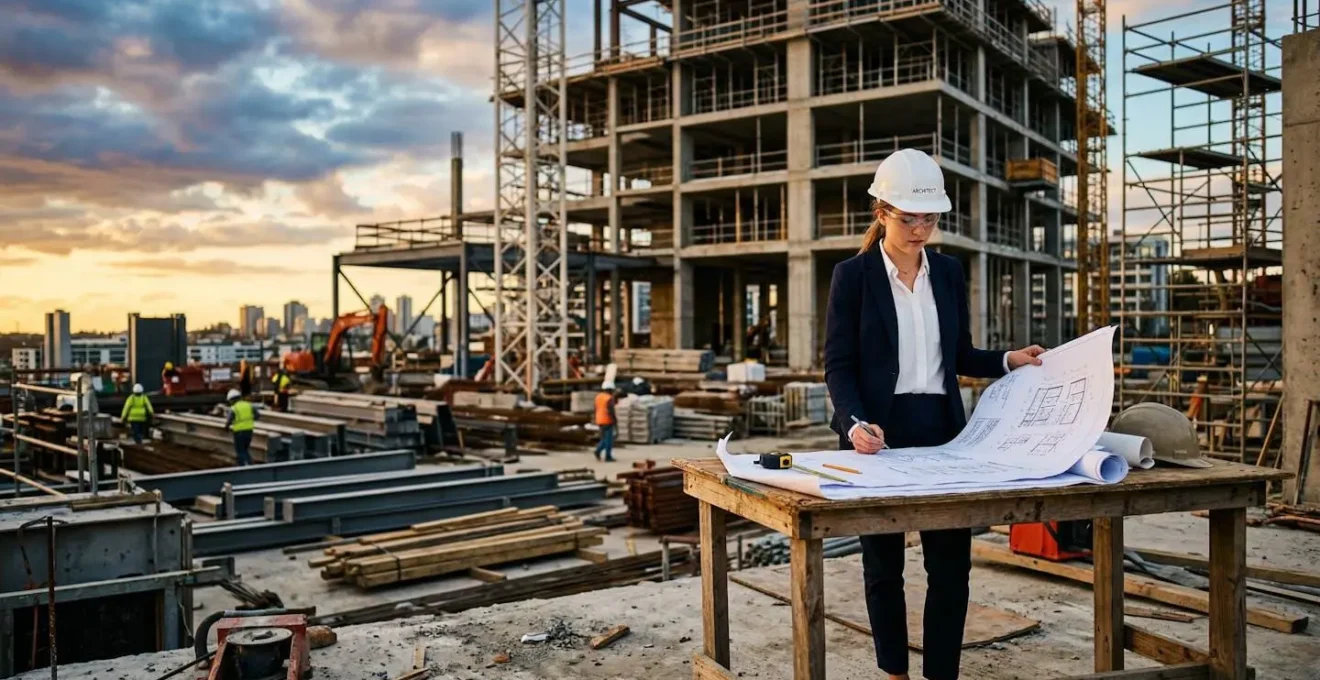 Jeune architecte examinant des plans sur un chantier en construction avec casque de sécurité et documents techniques