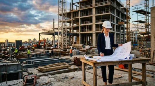 Jeune architecte examinant des plans sur un chantier en construction avec casque de sécurité et documents techniques
