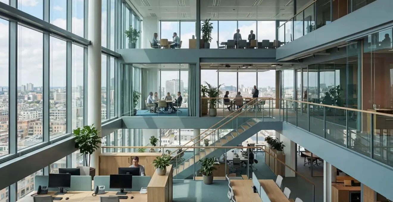 Vue grand angle d'un espace de travail moderne avec professionnels en réunion stratégique