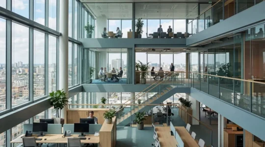 Vue grand angle d'un espace de travail moderne avec professionnels en réunion stratégique