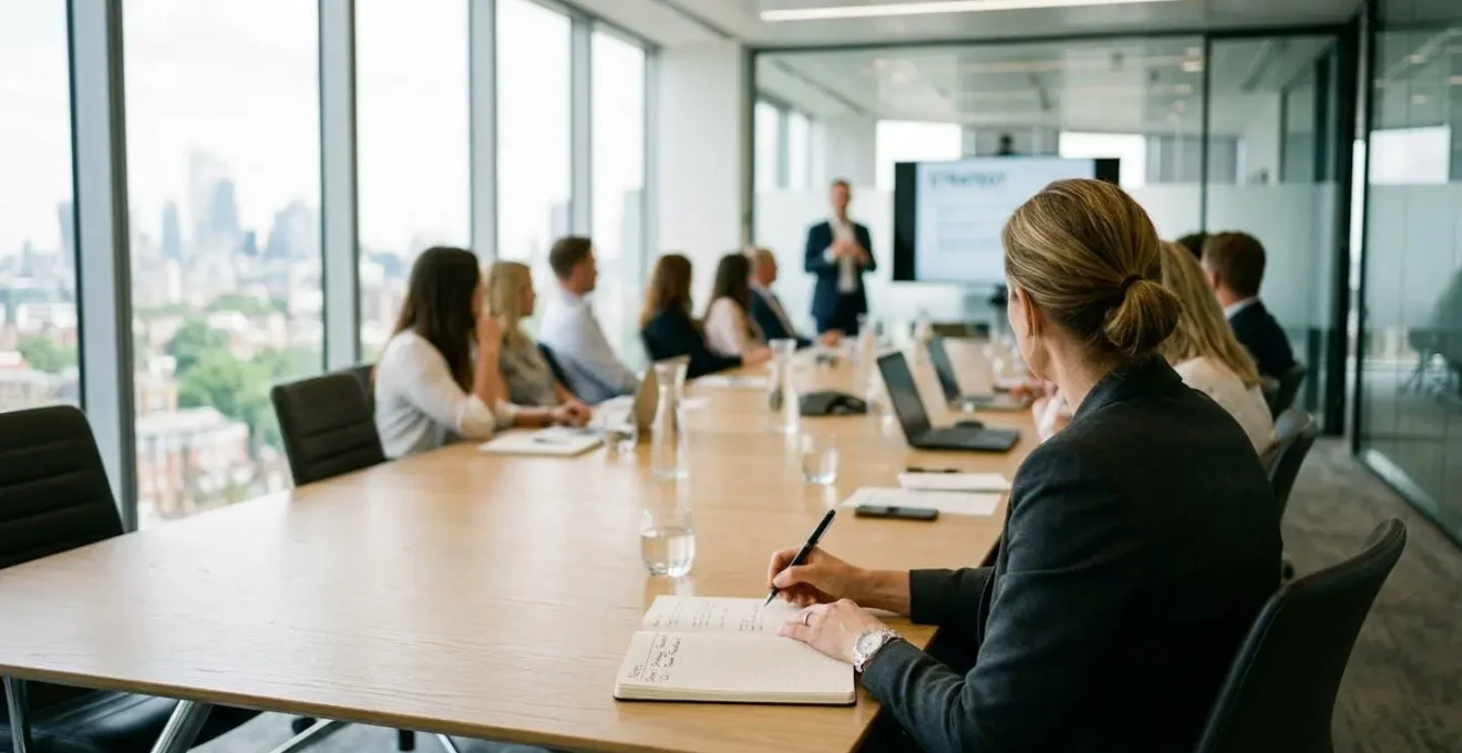 Un cadre en costume vu de dos prend des notes dans un carnet lors d'une session de formation dans un espace lumineux avec baies vitrées
