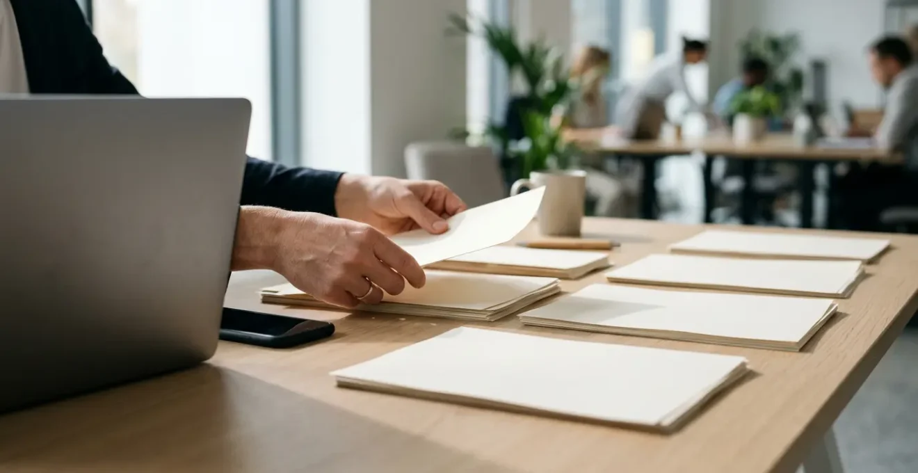 Personne analysant des documents sur un bureau moderne avec ordinateur portable et smartphone posés face cachée