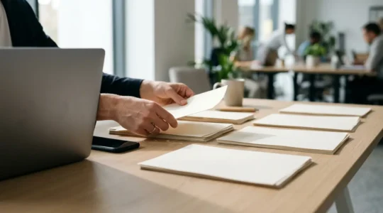 Personne analysant des documents sur un bureau moderne avec ordinateur portable et smartphone posés face cachée