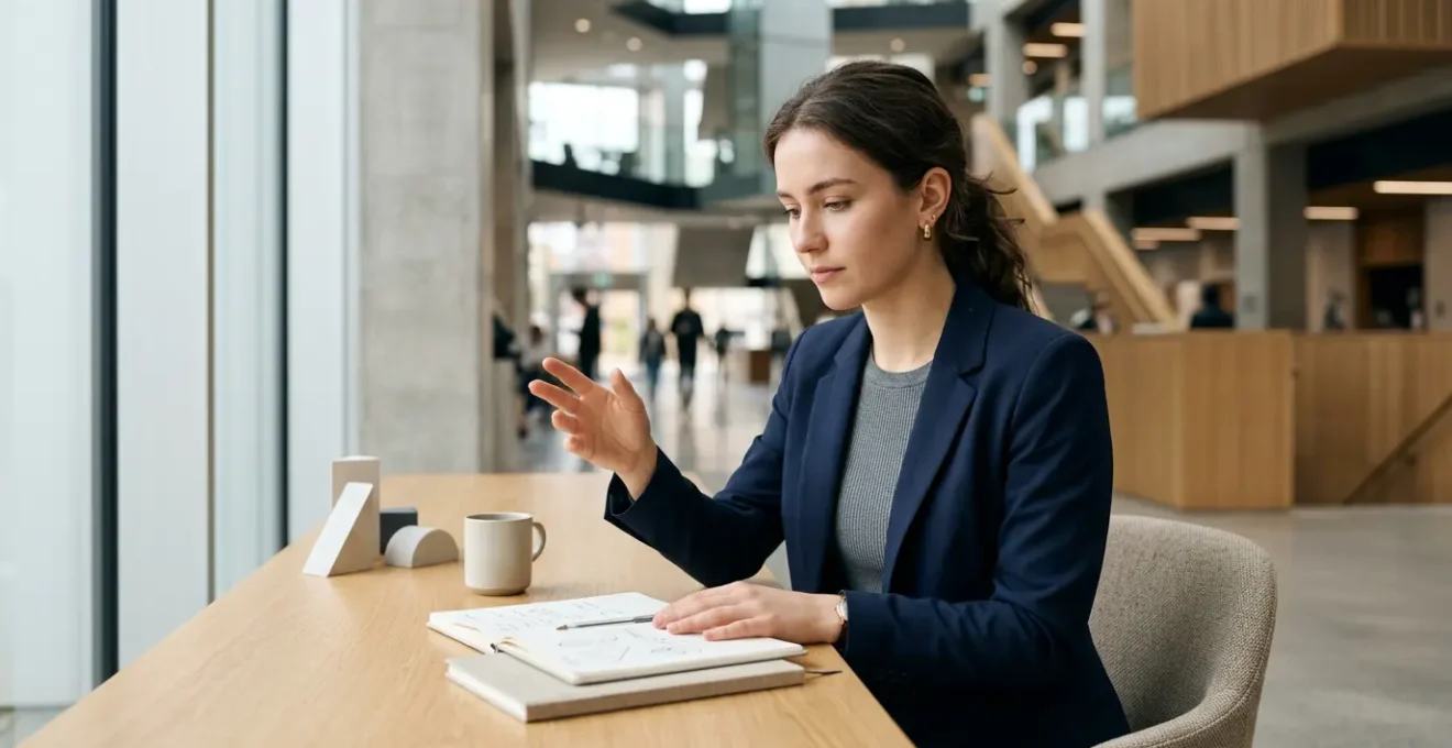 Un jeune professionnel concentré en préparation d'entretien dans un environnement académique moderne
