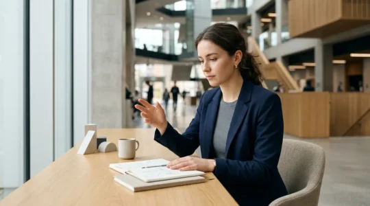 Un jeune professionnel concentré en préparation d'entretien dans un environnement académique moderne