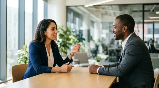 Candidat en entretien mettant en avant ses compétences comportementales lors d'un échange professionnel