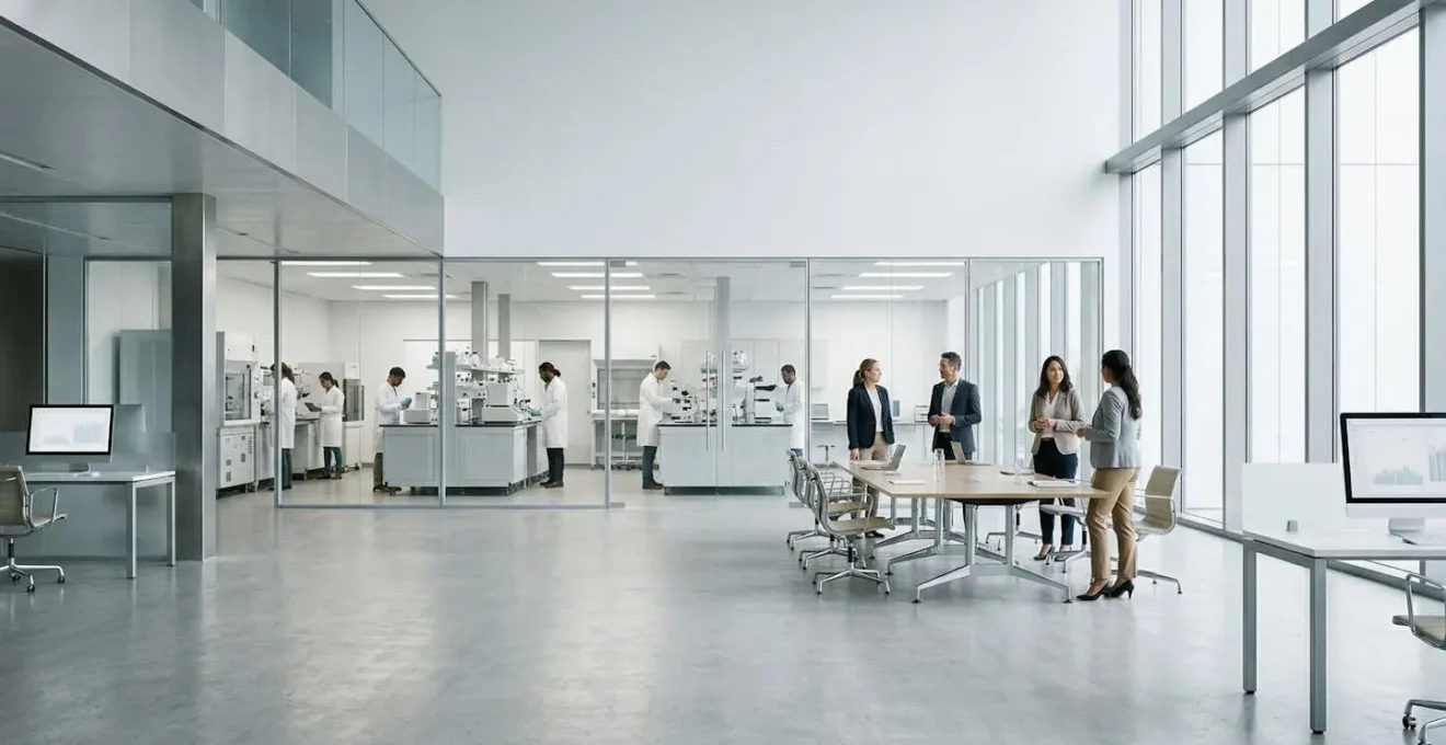 Pharmaciens dans différents environnements de travail montrant la diversité des carrières au-delà de l'officine traditionnelle