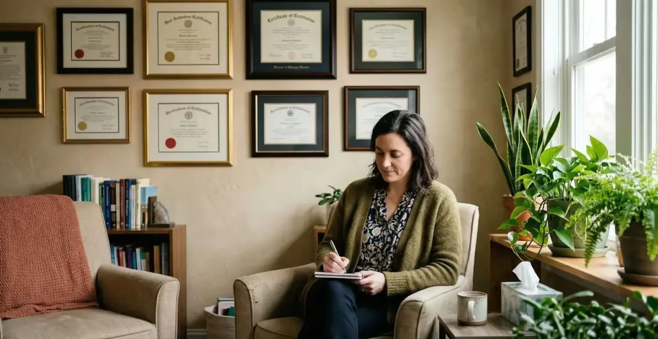 Mur de cabinet avec certificats encadrés attestant des accréditations du praticien