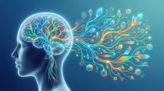 Représentation artistique d'un cerveau humain avec des connexions neuronales colorées formant une structure arborescente rappelant une carte mentale