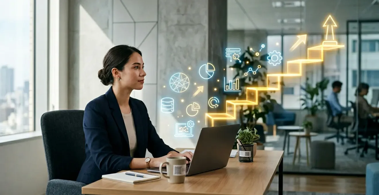 Un jeune professionnel analysant des données sur plusieurs écrans dans un espace de travail moderne