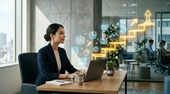 Un jeune professionnel analysant des données sur plusieurs écrans dans un espace de travail moderne