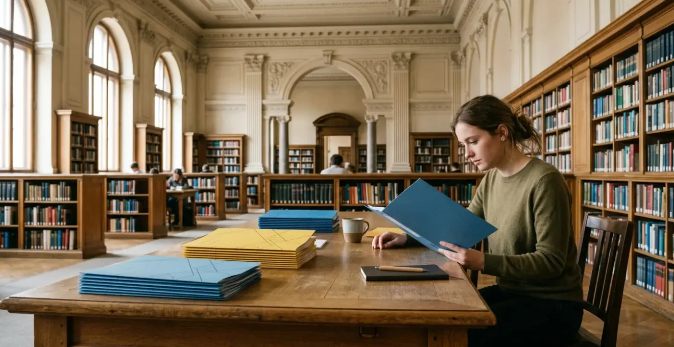 Étudiant consultant une pile de dossiers administratifs avec des drapeaux européens en arrière-plan