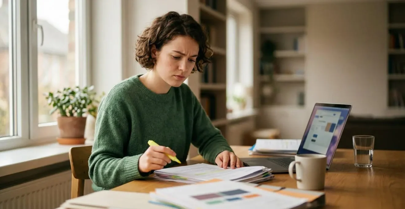 Étudiant concentré entouré de documents administratifs pour une demande de bourse CROUS