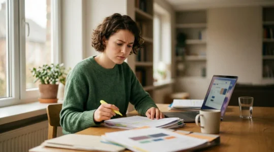 Étudiant concentré entouré de documents administratifs pour une demande de bourse CROUS