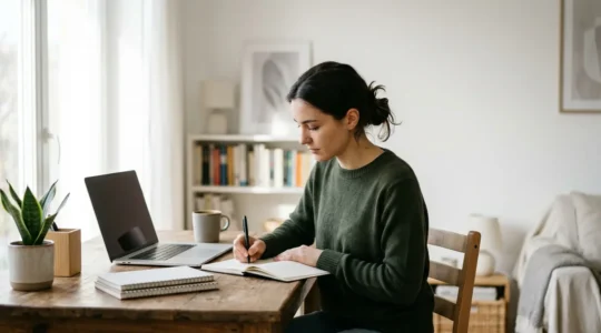 Étudiant concentré travaillant sur son ordinateur dans un espace de travail lumineux à domicile