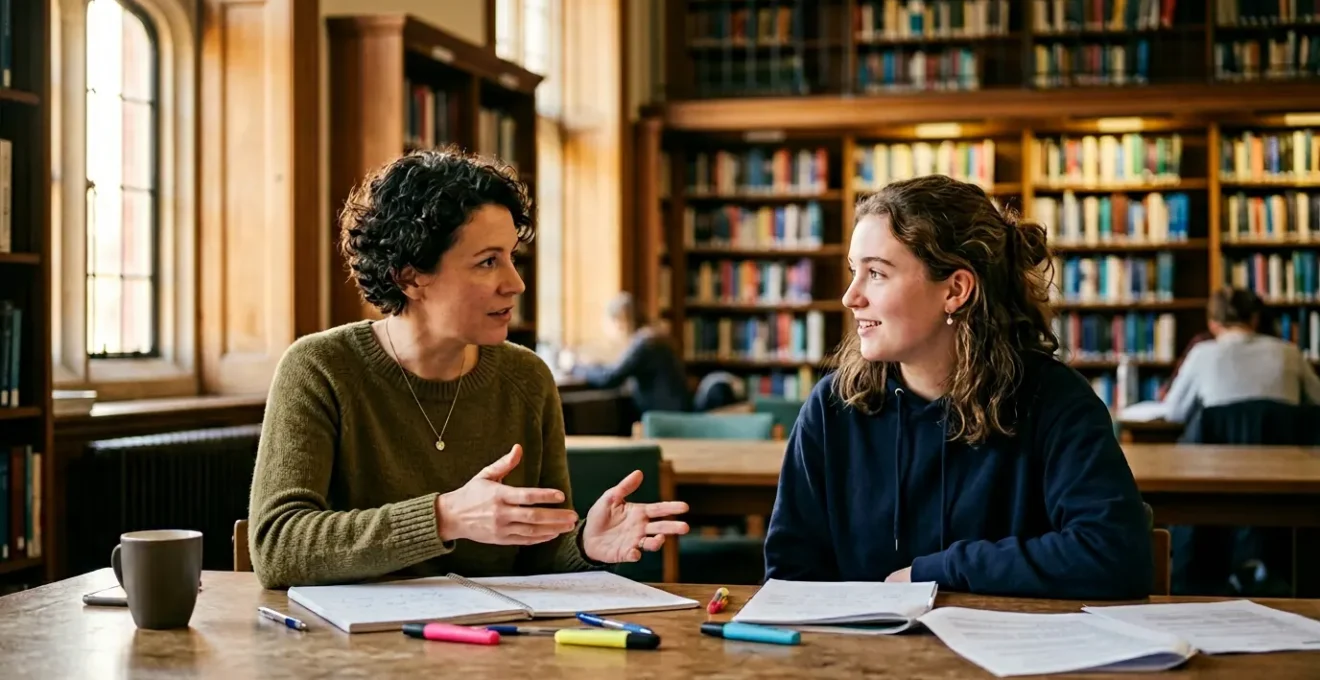 Deux personnes en consultation dans une bibliothèque universitaire baignée de lumière naturelle