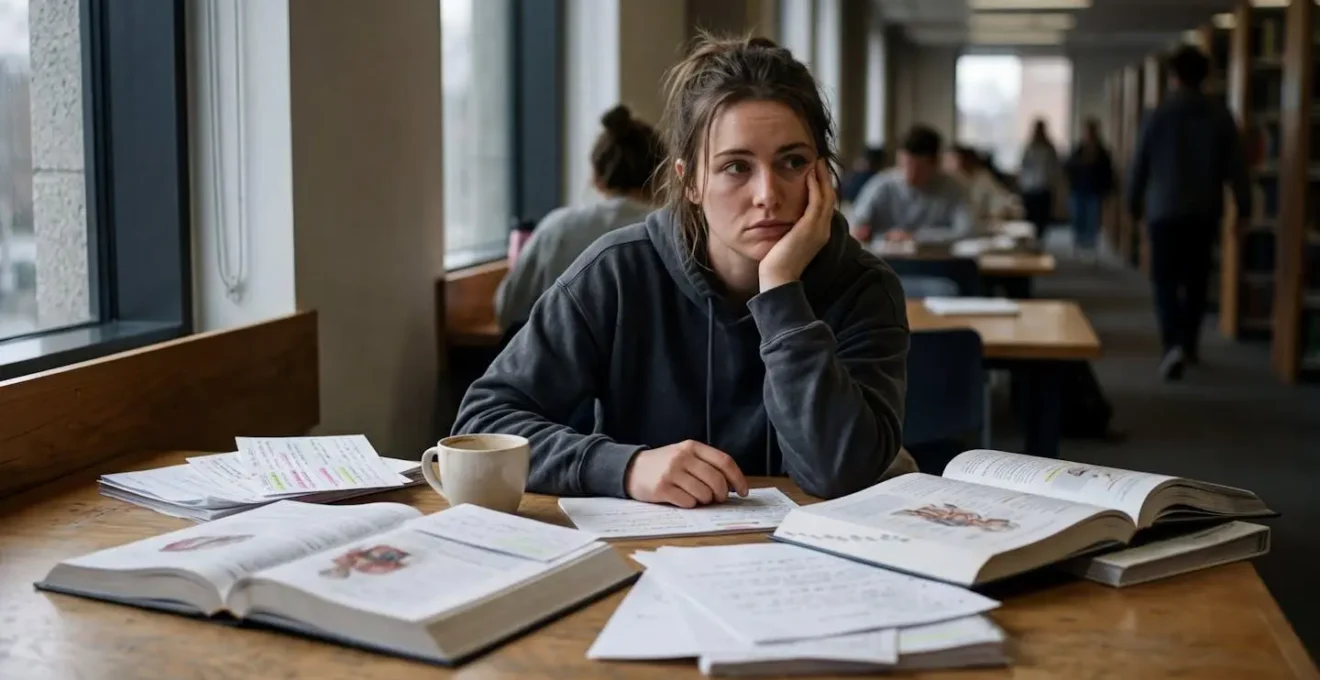 Étudiant en médecine épuisé mais déterminé dans un environnement de bibliothèque