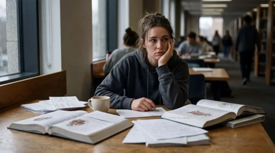 Étudiant en médecine épuisé mais déterminé dans un environnement de bibliothèque