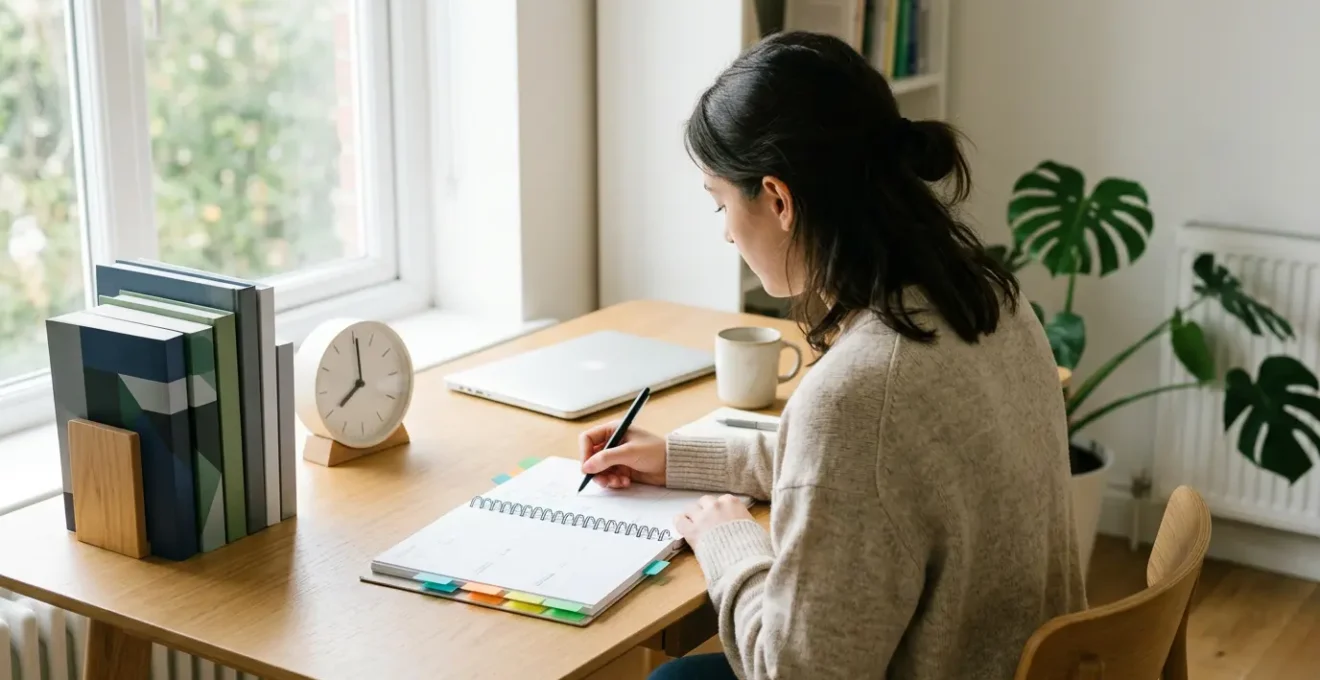 Étudiant concentré planifiant son agenda de révision sur un bureau organisé avec des cahiers colorés et une vue en perspective