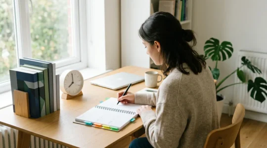 Étudiant concentré planifiant son agenda de révision sur un bureau organisé avec des cahiers colorés et une vue en perspective