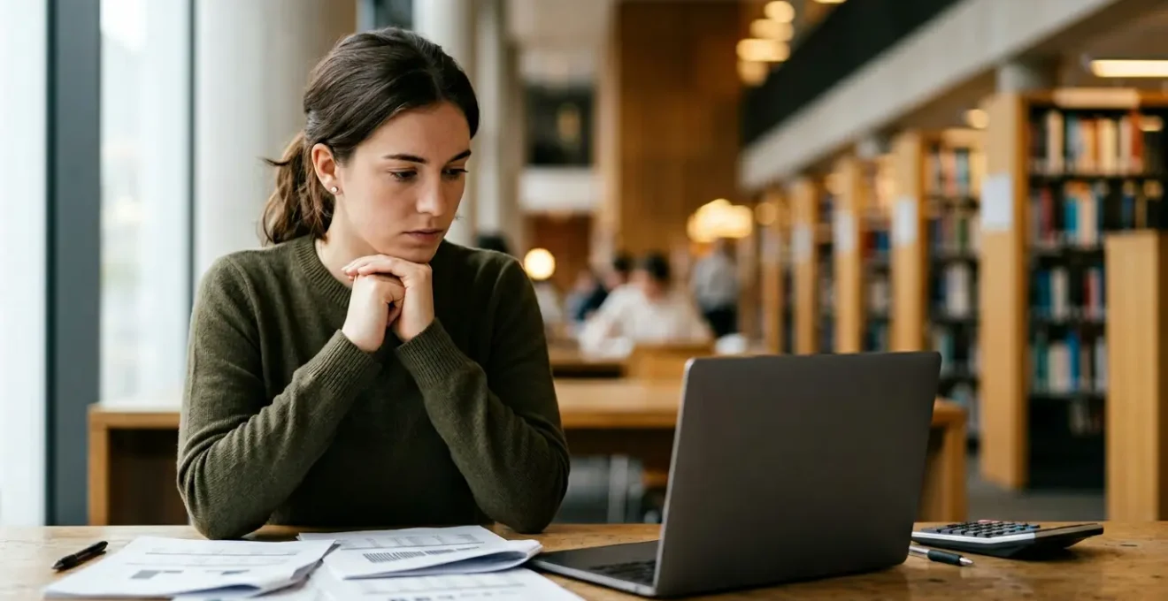 Étudiant réfléchissant à ses options de financement pour ses études dans un bureau moderne