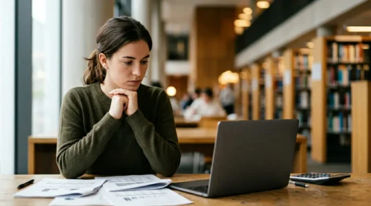 Étudiant réfléchissant à ses options de financement pour ses études dans un bureau moderne
