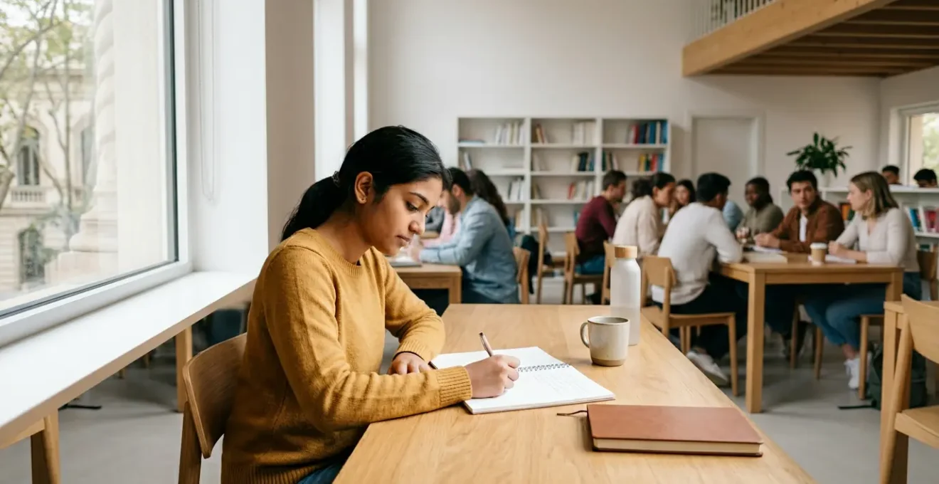 Étudiant en séjour linguistique travaillant sur sa préparation TOEIC dans un environnement international