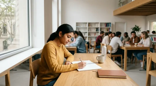 Étudiant en séjour linguistique travaillant sur sa préparation TOEIC dans un environnement international