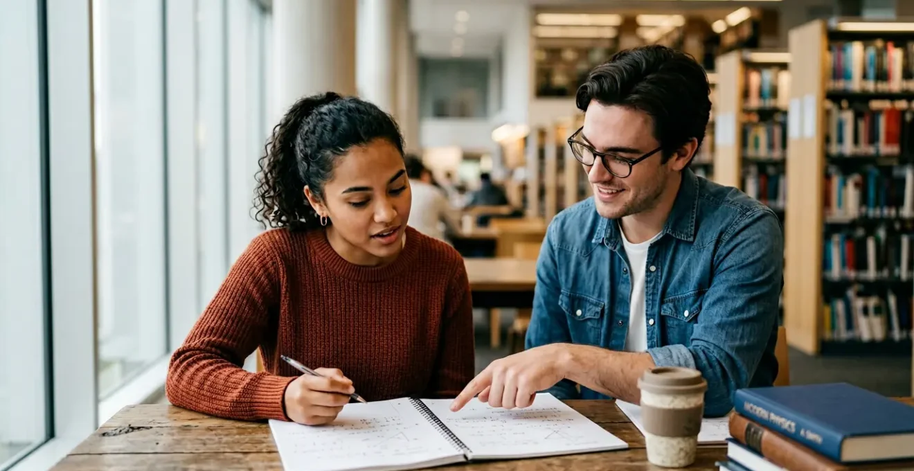 Étudiant universitaire en session de tutorat dans une bibliothèque moderne avec son tuteur