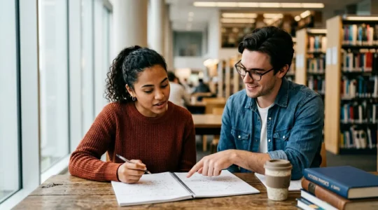 Étudiant universitaire en session de tutorat dans une bibliothèque moderne avec son tuteur