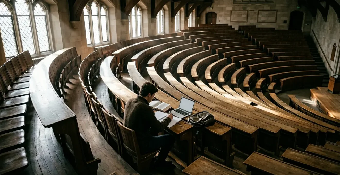 Étudiante en amphithéâtre universitaire concentrée sur sa prise de notes pendant un cours magistral