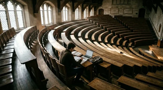 Étudiante en amphithéâtre universitaire concentrée sur sa prise de notes pendant un cours magistral