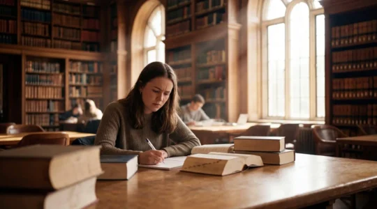 Étudiante en droit concentrée dans une bibliothèque universitaire entourée de codes juridiques et prenant des notes méthodiques