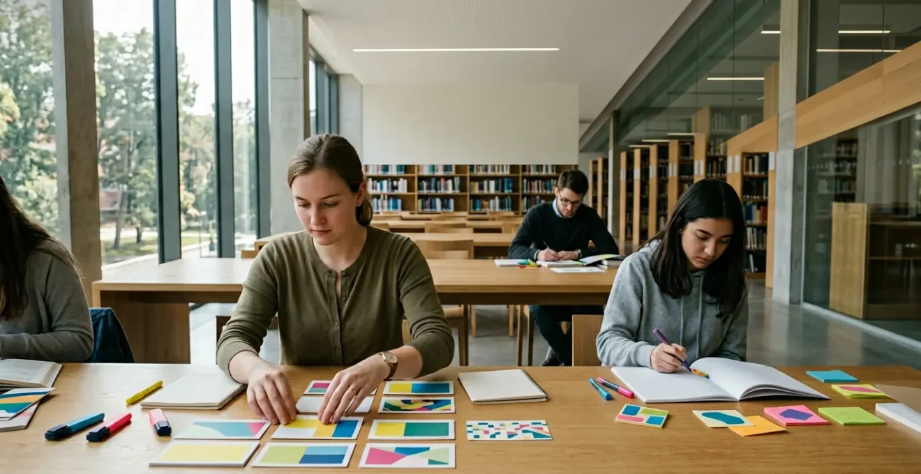 Étudiants travaillant sur des fiches de synthèse dans une bibliothèque universitaire lumineuse