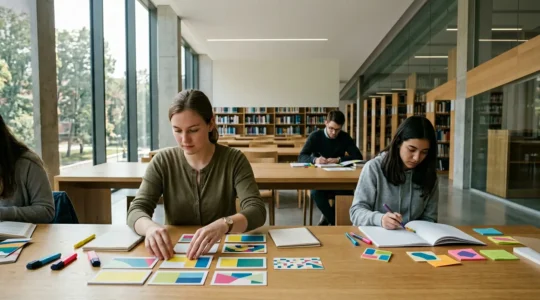 Étudiants travaillant sur des fiches de synthèse dans une bibliothèque universitaire lumineuse