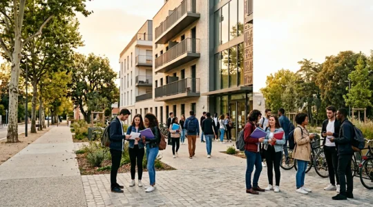 Étudiants avec dossiers devant résidence universitaire française moderne