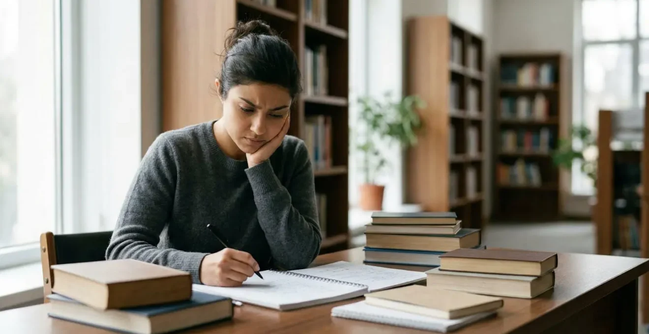 Candidat travaillant avec sérieux sur des annales de concours dans une bibliothèque lumineuse