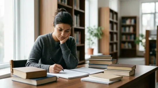 Candidat travaillant avec sérieux sur des annales de concours dans une bibliothèque lumineuse