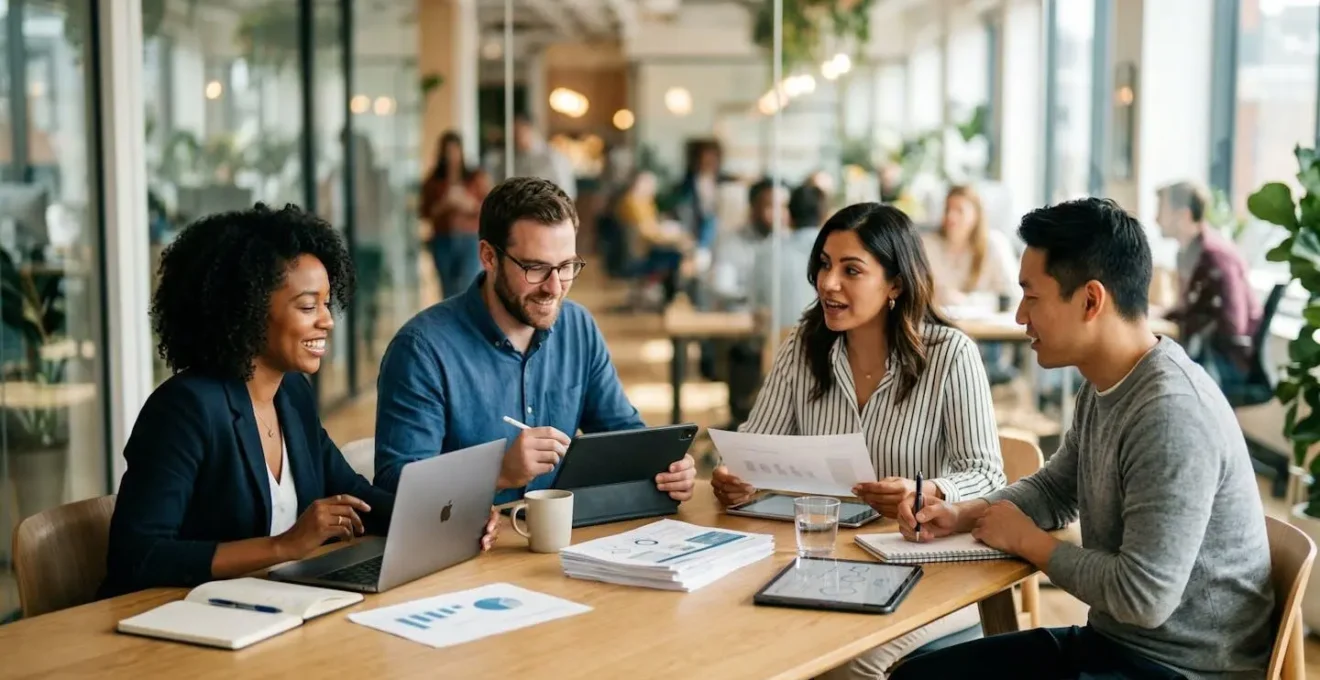 Groupe de quatre professionnels vus en plongée discutant autour d'une table de travail avec documents et tablettes