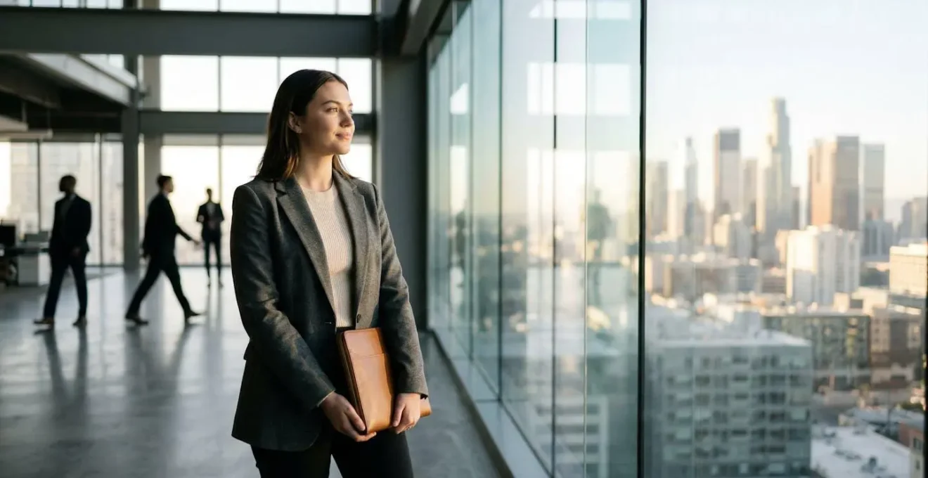 Jeune diplômé contemplant son avenir professionnel dans un environnement moderne de bureau