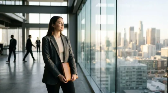 Jeune diplômé contemplant son avenir professionnel dans un environnement moderne de bureau