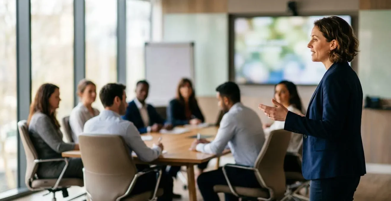 Intervenant vu de profil présentant devant un petit groupe de participants, tableau blanc flouté en arrière-plan