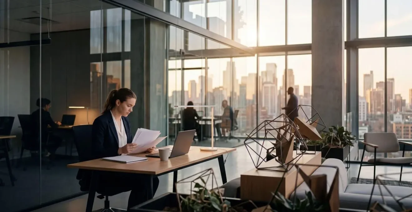 Jeune professionnel analysant des documents dans un cabinet d'audit moderne avec vue panoramique sur un quartier d'affaires