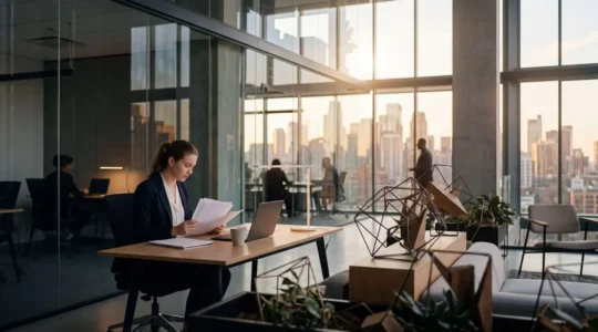 Jeune professionnel analysant des documents dans un cabinet d'audit moderne avec vue panoramique sur un quartier d'affaires